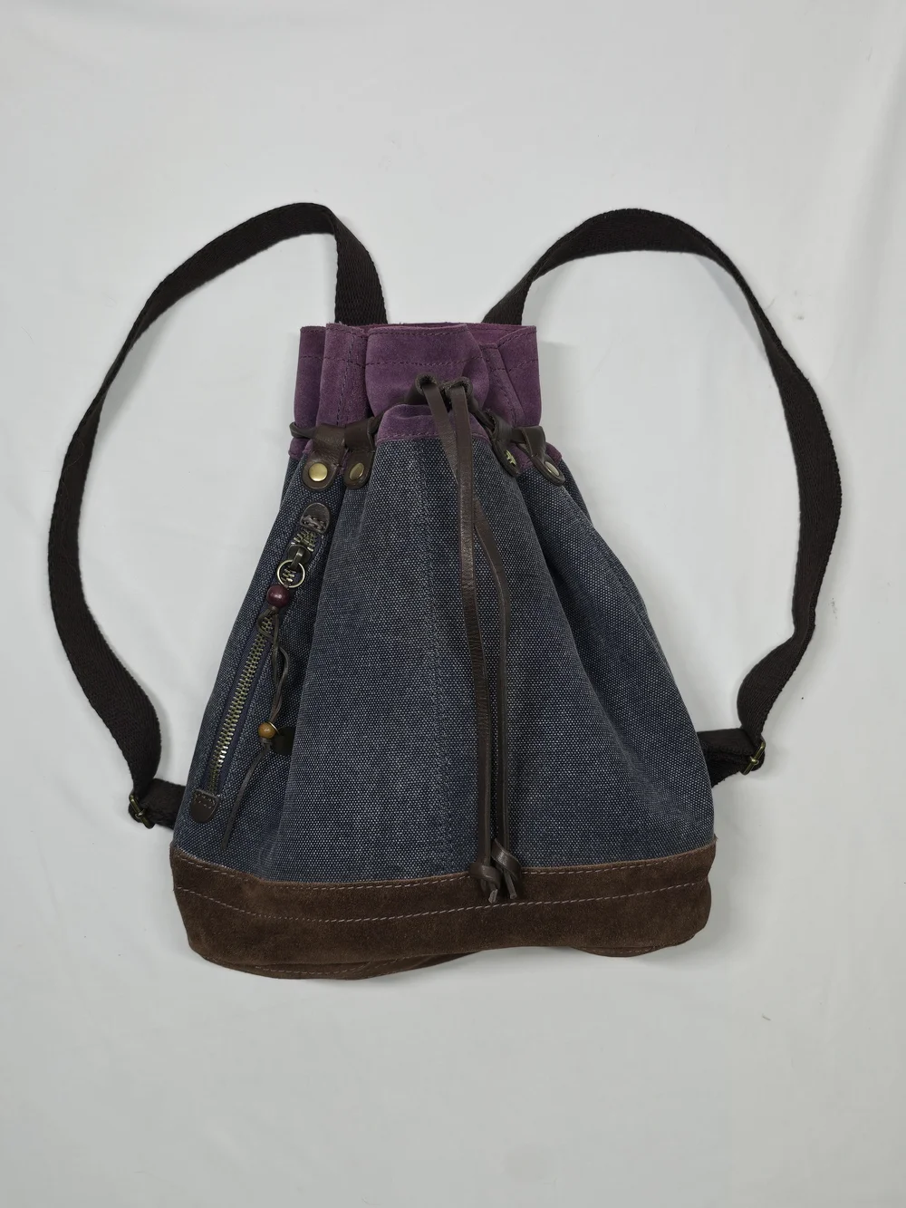 Lucky Brand Canvas & Suede Drawstring Backpack Purple Denim Boho Rucksack Bag